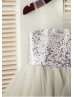 Sheer Neck Silver Sequin Gray Ruffled Tulle Wedding Flower Girl Dress